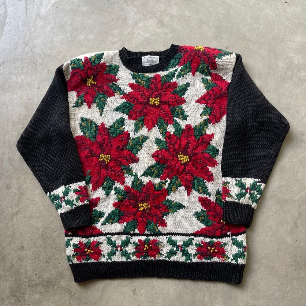Marisa Christina Vintage Poinsettia Christmas Sweater Womens Medium Black Red